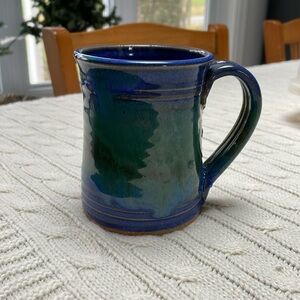 Artisan pottery coffee mug Beautiful cobalt blues/greens. See pics measurements